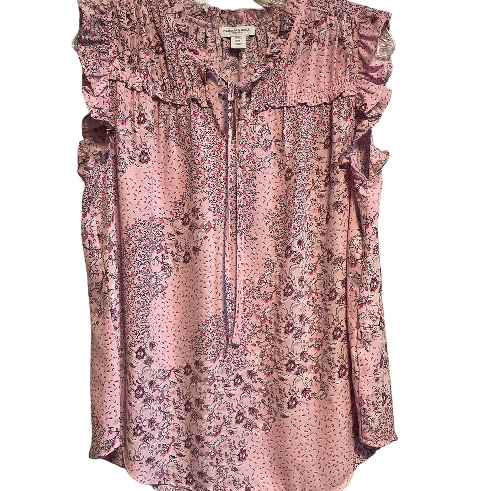 Carolina Belle of Montreal Pink Floral Ruffle Hem Sleeveless Tie Neck Blouse M
